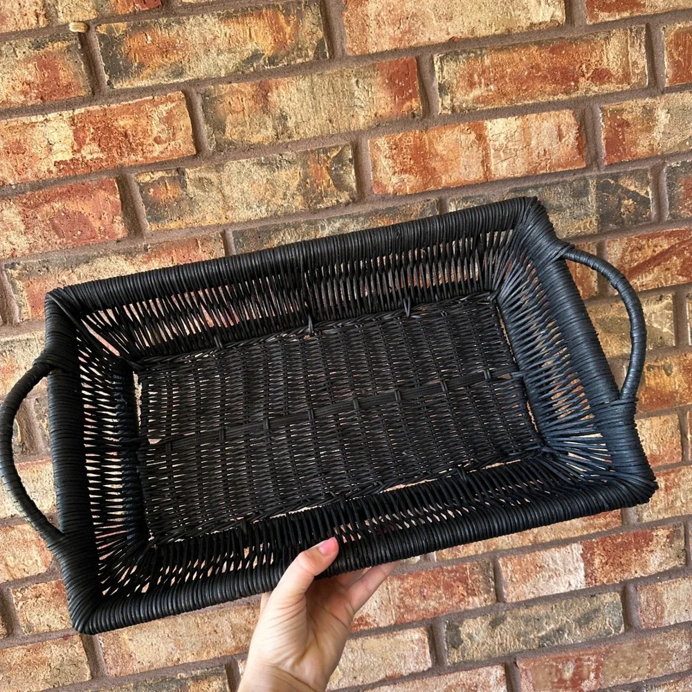 Black Woven Wicker Rectangular Serving Tray Basket with Handles Boho Decor